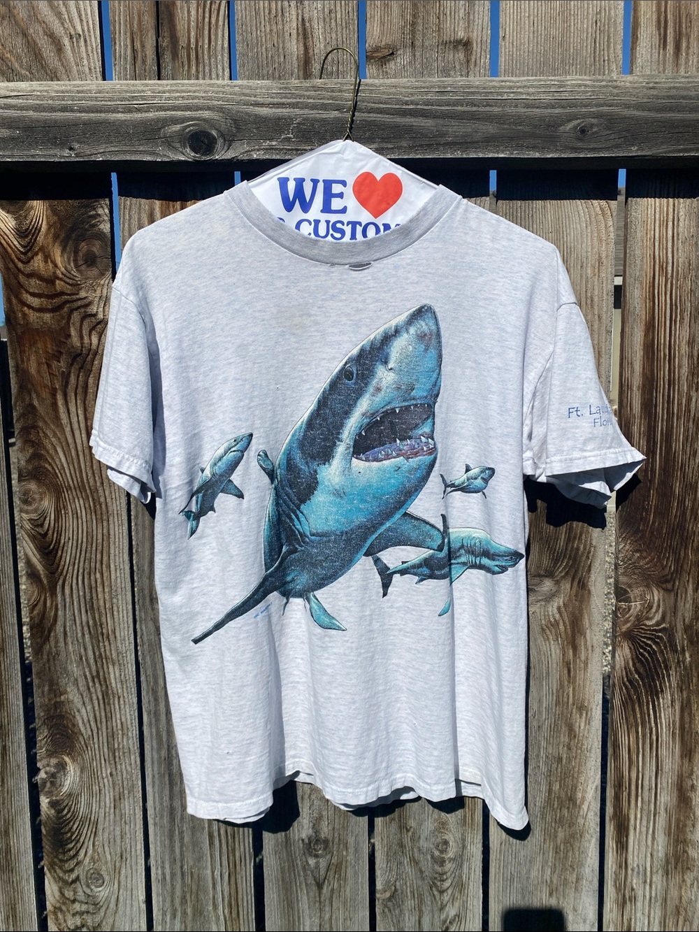 Vintage Habitat Light Gray Tee with Blue Shark Graphic